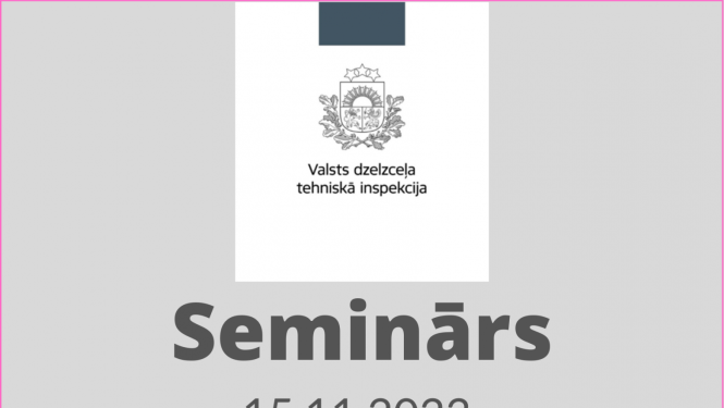 Attēls, kura virspusē centrā pelēkā krāsā uz balta fona attēlots “Papildinātais mazais Latvijas valsts ģerbonis” un zem tā pelēkā krāsā uzraksts “Valsts dzelzceļa tehniskā inspekcija”. Apakšā uz gaiši pelēka fona ir tumši pelēks uzraksts ar lielākiem burtiem “Seminārs” un ar mazākiem cipariem datum “15.11.2023.”.    