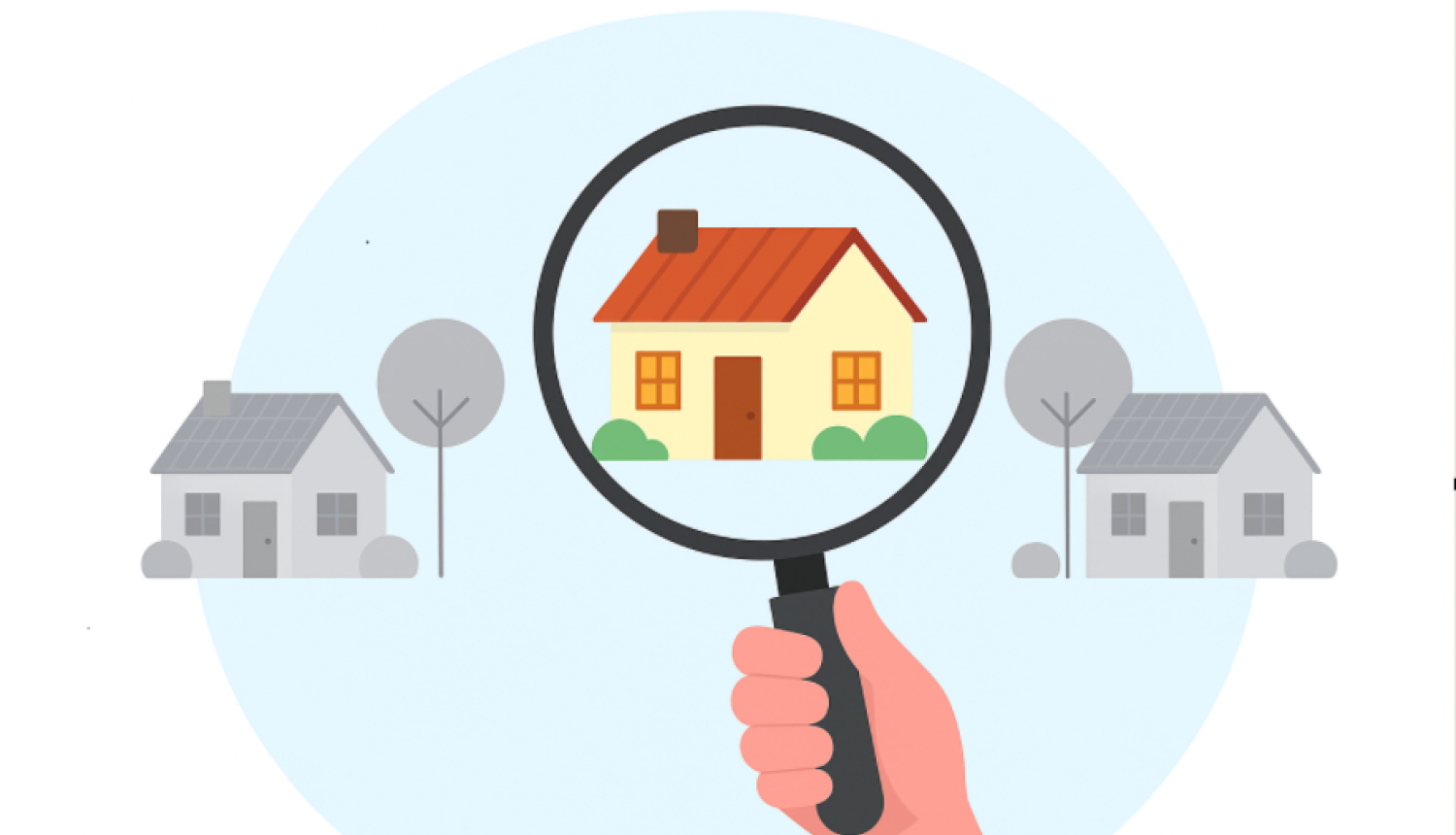 Attēlā redzamas mājas un meklēšanas lupa ar roku