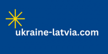 Tumši zils taisnstūris, augšējā kreisajā daļā simboliski attēlota dzeltena saule, centrālajā daļā balts uzraksts “ukraine-latvia.com”